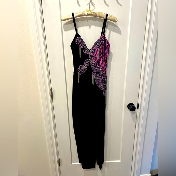 Vintage Dresses & Skirts - Vintage 80s Black velvet and Pink Sequin/beaded Dress